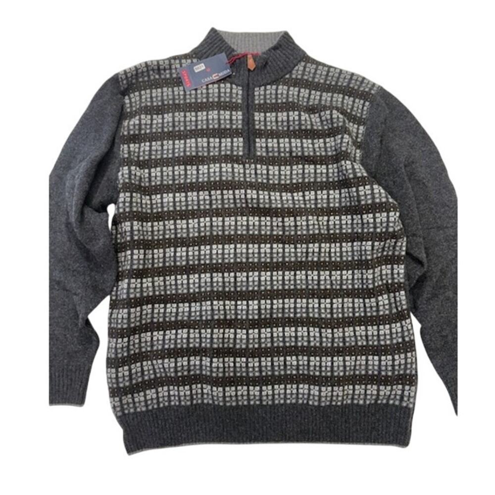 NWT Casa Moda Knitted Striped Quarter Zip Sweater Wool Blend Gray Mens Size L